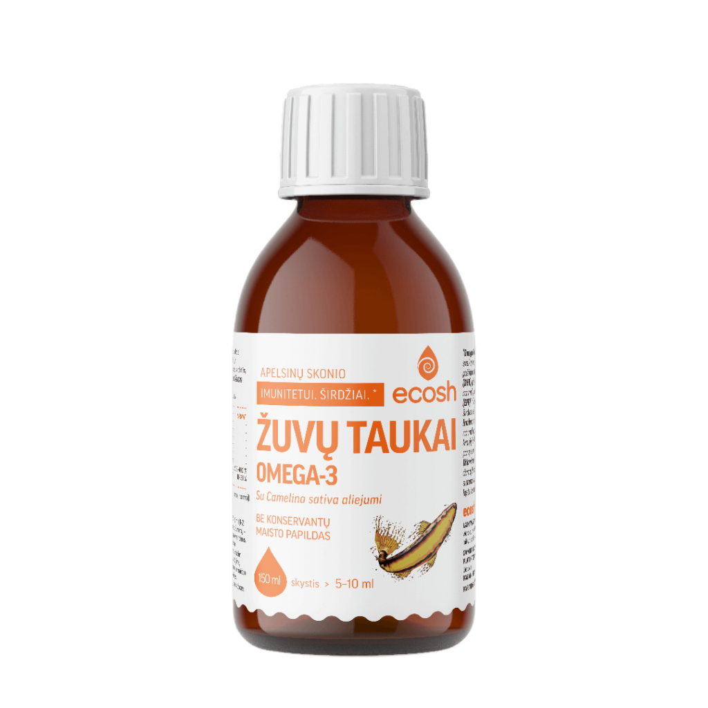 ECOSH Žuvų taukai su Camelina sativa aliejumi, apelsinų skonio, 150 ml